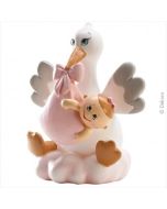 Sujet de baptême fille - cigogne sur nuage rose avec bébé