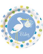 8 assiettes Baby-Shower cigogne bleu ciel - Ø 23 cm