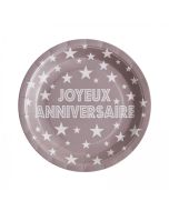 Assiette Joyeux anniversaire de coloris taupe