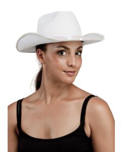 Chapeau feutre cow girl adulte - blanc avec sequins