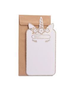 8 invitations licorne paillettes champagne 22x10 cm + 8 enveloppes kraft