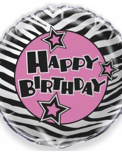 Ballon hélium rond Happy Birthday zèbre et rose