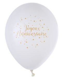 Ballon Joyeux Anniversaire blanc et or x8