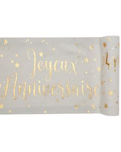 Chemin de table Joyeux Anniversaire blanc et or 28 cm x 3 m