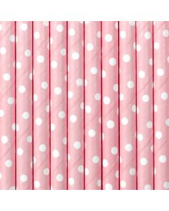 10 x pailles papier rose à pois blanc