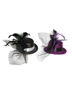 Mini chapeau barrette HDF avec plumes et faux diamant - ass.