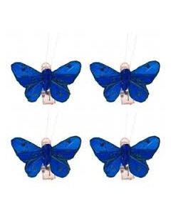 4 Papillons strass sur pince BLEU ROI